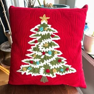 Woodland Embroidered Evergreen Christmas Tree Red throw pillow